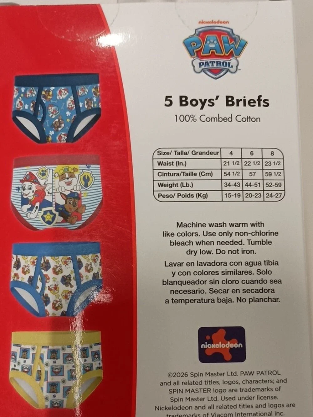 Paw Patrol Boys 5-Pack Briefs Multicolor (Blue, Red, Yellow, White) Size 6
